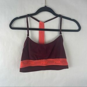 VS PINK T-back Sports Bra Maroon w/ Orange Accents Size M